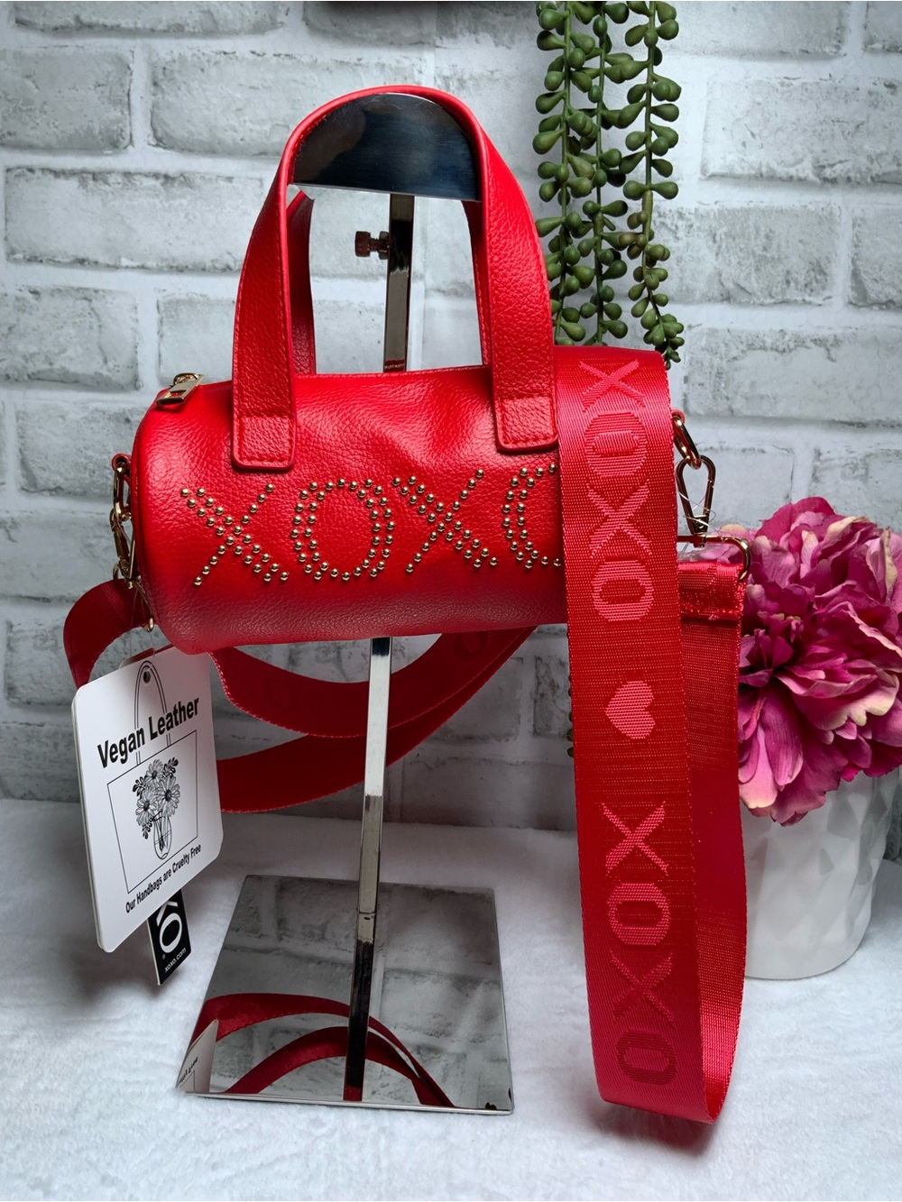 XOXO Red Vegan Leather Barrel Crossbody with Embossed Strap